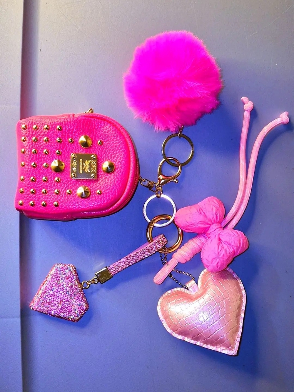 Kids Pink Pom & Heart Keychain Accessory Set